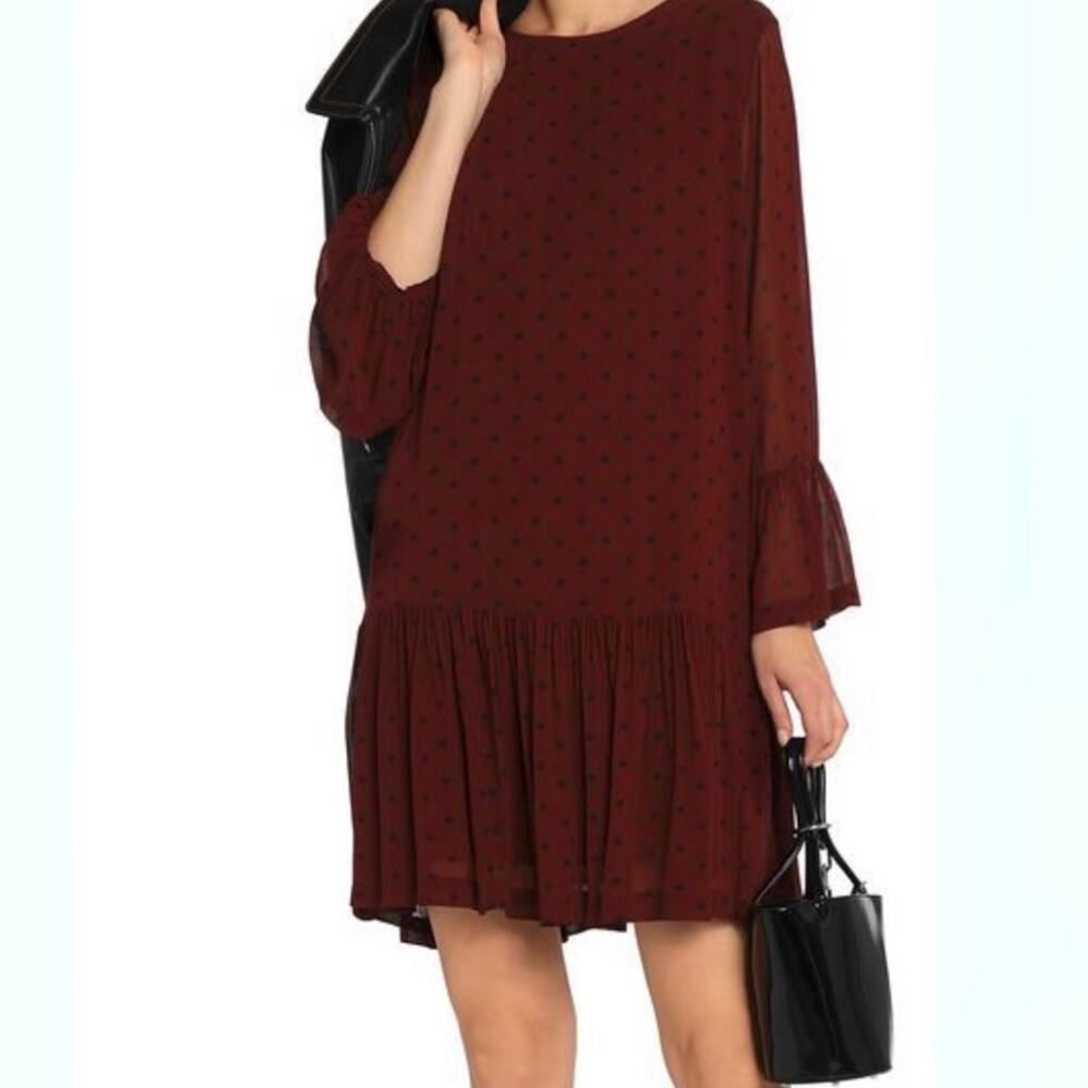Ganni chocolate brown long sleeve mini Polka Dot Dress sz 38 US 6
